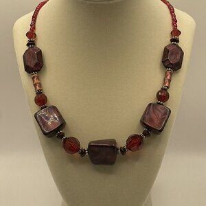 Vintage Estate Venetian Glass Necklace Intricate Red Square Flowered Bea…